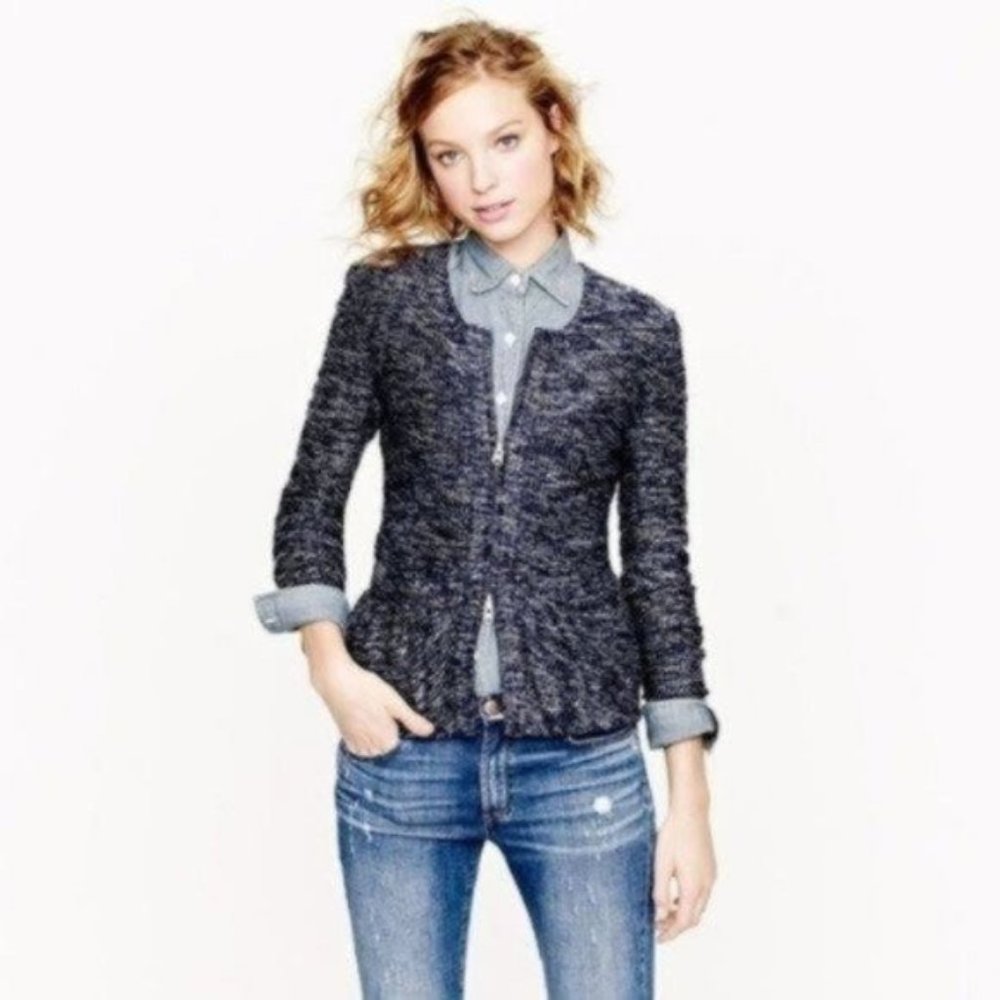 J. Crew Navy Tweed Zip Up Blazer Polished Chic Layering Jacket Size Small